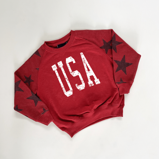 USA Varsity Child Waffle Sleeve Crewneck - Red