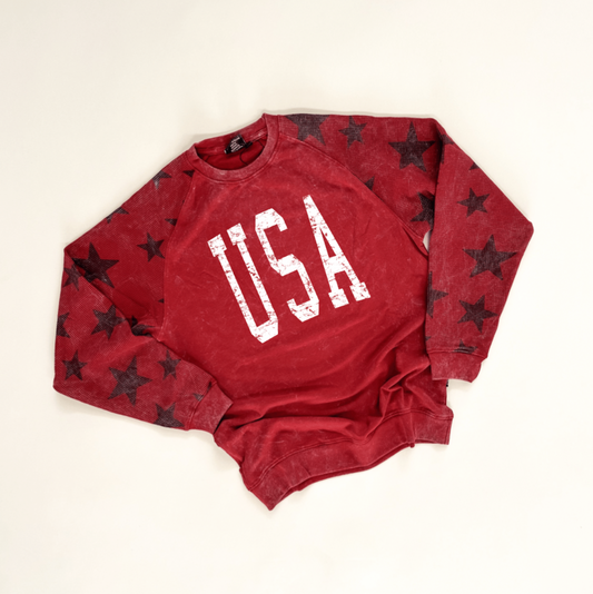 USA Varsity Adult Waffle Sleeve Star Crewneck - Red