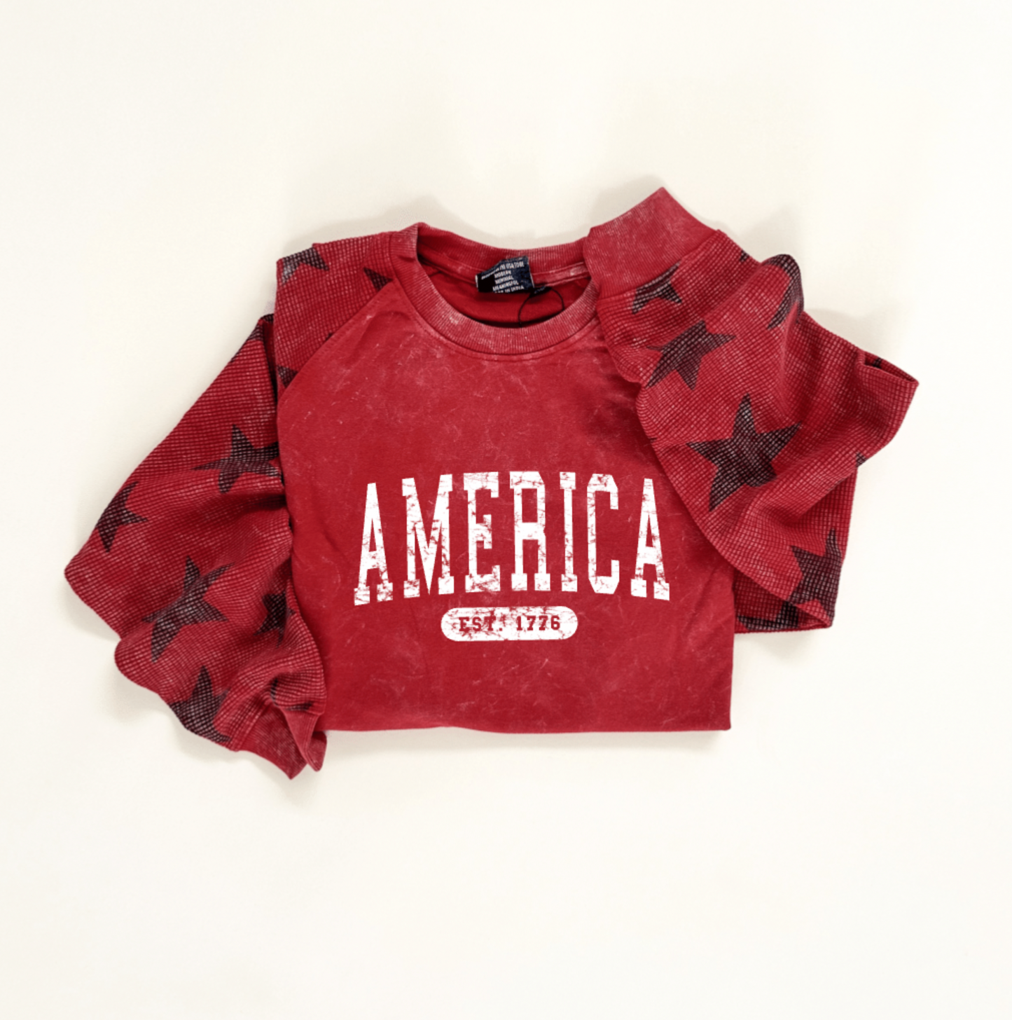 America Established Adult Waffle Sleeve Star Crewneck - Red